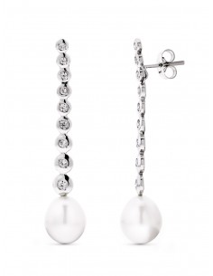 18K PENDIENTES ORO BLANCO LARGOS PERLA PERA Y CIRCONITAS
