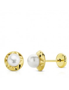 18K PENDIENTES ORO AMARILLO PERLA TUERCA 6 MM