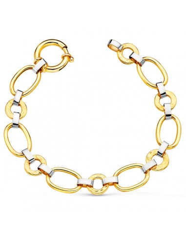 18K PULSERA ORO BICOLOR ESLABONES OVALES Y REDONDOS ANCHO 11 MM LARGO 19CM