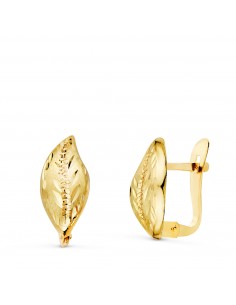 18K PENDIENTES  ORO AMARILLO HOJA LAPIDADOS Y TALLADOS 13 X 6 MM. CIERRE CATALAN