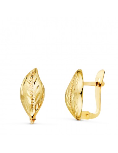 18K PENDIENTES  ORO AMARILLO HOJA LAPIDADOS Y TALLADOS 13 X 6 MM. CIERRE CATALAN