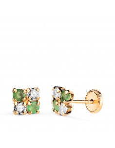 18K PENDIENTES ORO AMARILLO CUADRADOS CON CIRCONITA Y ESMERALDA. MEDIDA: 5 X 5 MM. CIERRE TUERCA