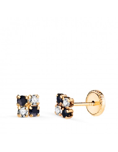 18K PENDIENTES ORO AMARILLO CUADRADOS CON CIRCONITA Y ZAFIROS. MEDIDA: 4 5 X 4 5 MM. CIERRE TUERCA