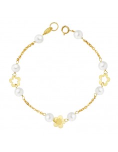18K PULSERA PERLAS Y FLORES. 17 CM.