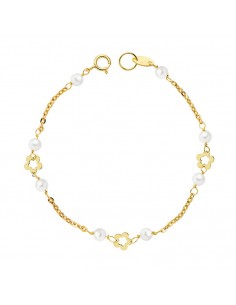 18K PULSERA PERLAS 3,5 MM Y FLORES. 15 CM.