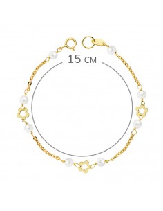18K PULSERA PERLAS 3,5 MM Y FLORES. 15 CM. 2