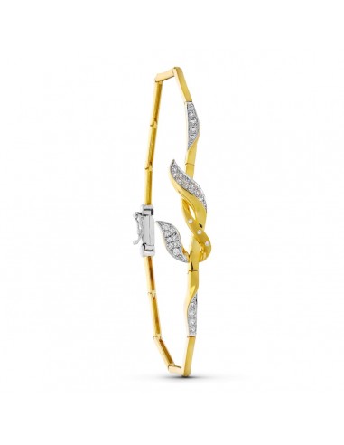 18K PULSERA ORO BICOLOR HOJAS Y CIRCONITA MATE Y BRILLO 19CM