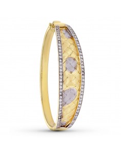 18K PULSERA RIGIDA ORO BICOLOR CIRCONITA MATE Y BRILLO DIAMANTRO 60 MM ANCHO 15 MM EN DISMINUCION