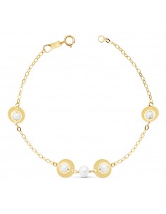 18K PULSERA COMUNION PERLA Y MOTIVOS. 18 CM.