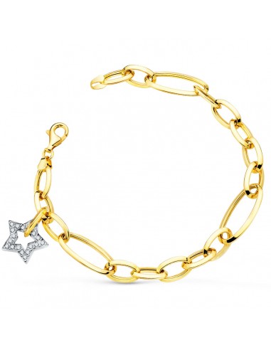 18K PULSERA ORO BICOLOR ESLABONES CON COLGANTE ESTRELLA CIRCONITA 15 MM 20CM