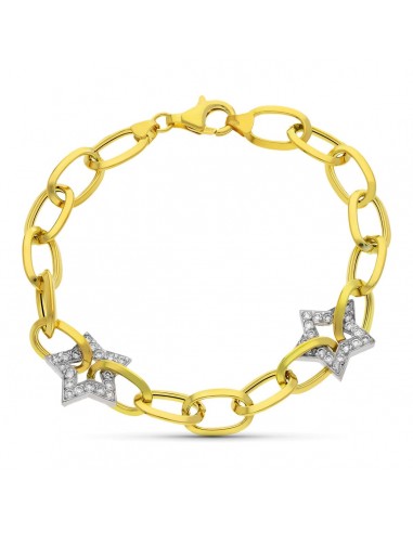 18K PULSERA ORO BICOLOR ESLABONES Y ESTRELLAS CIRCONITA 20CM