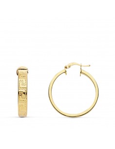 18K AROS ORO AMARILLO HUECOS CON GRECA. MEDIDA: 20X4 MM. GROSOR: 1 5 MM