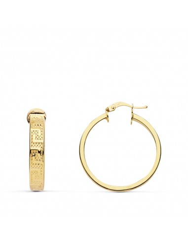 18K AROS ORO AMARILLO HUECOS CON GRECA. MEDIDA: 20X4 MM. GROSOR: 1 5 MM