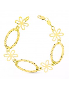 18K PULSERA ORO AMARILLO ESLABONES Y FLORES 19CM