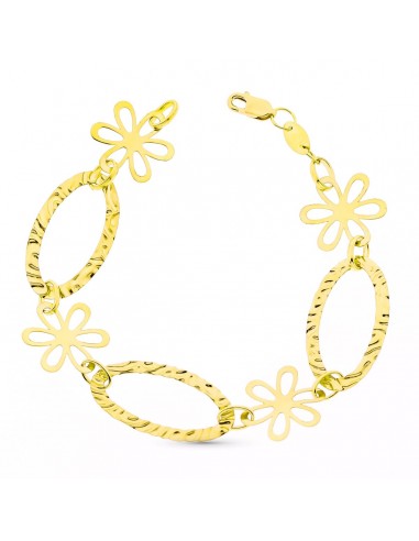 18K PULSERA ORO AMARILLO ESLABONES Y FLORES 19CM