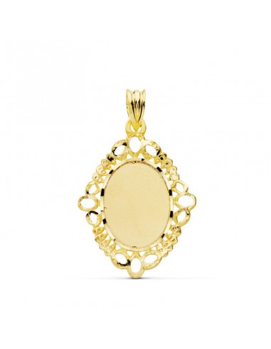 18K COLGANTE PLACA CHAPA ORO AMARILLO CERCO CALADO OVAL 31X22 MM