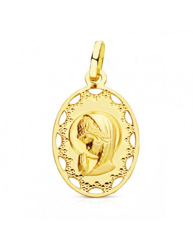 18K MEDALLA VIRGEN NIÑA OVAL CERCO CALADO. 23X14MM.