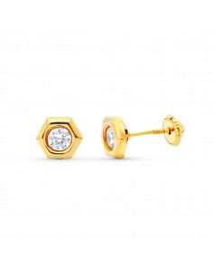 18K PENDIENTES ORO AMARILLO CHATON  HEXAGONO. 7X6 MM. CIERRE TUERCA