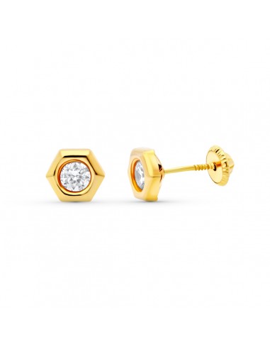 18K PENDIENTES ORO AMARILLO CHATON  HEXAGONO. 7X6 MM. CIERRE TUERCA