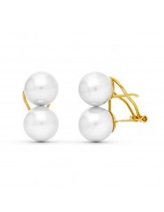 18K PENDIENTES ORO AMARILLO PERLA SINTETICA 9 MM CIERRE OMEGA