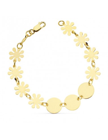 18K PULSERA ORO AMARILLO  FLORES Y PLACA CHAPA 18.5 CM