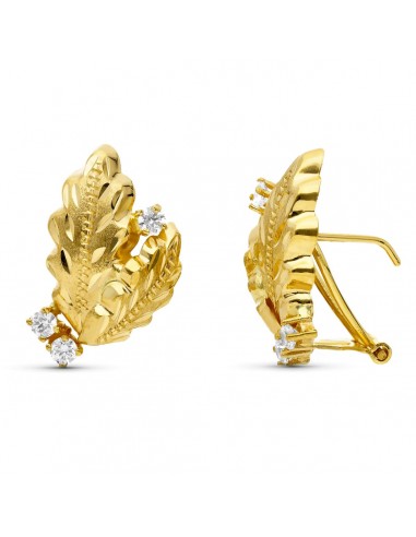 18K PENDIENTES ORO AMARILLO HOJAS LAPIDADOS 20X14 MM CIERRE CATALÁN