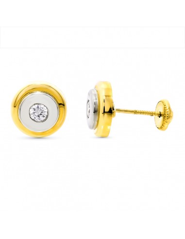 18K PENDIENTES ORO BICOLOR REDONDOS 9 MM CIERRE TUERCA