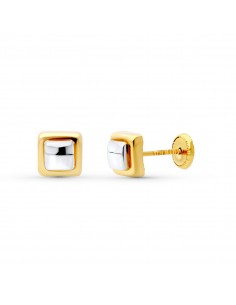 18K PENDIENTES ORO BICOLOR CUADRADO 6X6 MM. CIERRE TUERCA