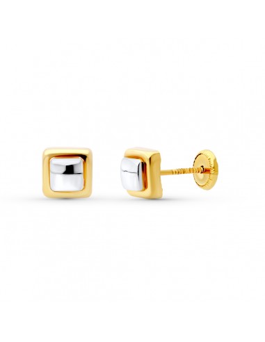 18K PENDIENTES ORO BICOLOR CUADRADO 6X6 MM. CIERRE TUERCA