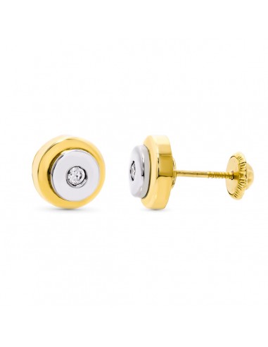 18K PENDIENTES ORO BICOLOR REDONDOS CIRCONITA 8 MM CIERRE TUERCA