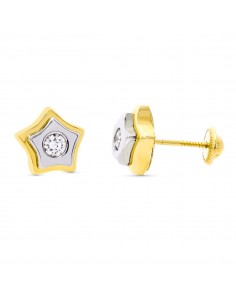 18K PENDIENTES ORO BICOLOR ESTRELLA CIRCONITA 9X9 MM CIERRE TUERCA
