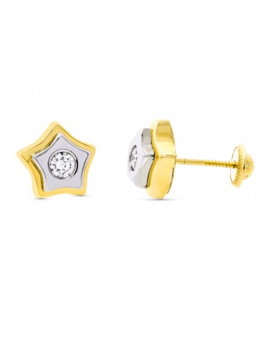 18K PENDIENTES ORO BICOLOR ESTRELLA CIRCONITA 9X9 MM CIERRE TUERCA