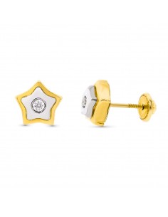 18K PENDIENTES ORO BICOLOR ESTRELLA 8X8 MM CIERRE TUERCA