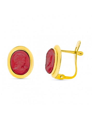 18K PENDIENTES ORO AMARILLO  CAMAFEO CORAL 9X11 MM CIERRE CATALAN