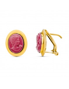 18K PENDIENTES ORO AMARILLO CAMAFEO 10X8 MM CORALINA CIERRE CATALÁN