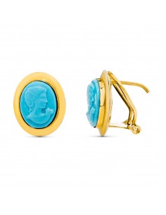 18K PENDIENTES ORO AMARILLO CAMAFEO 10X8 MM TURQUESA CIERRE CATALÁN