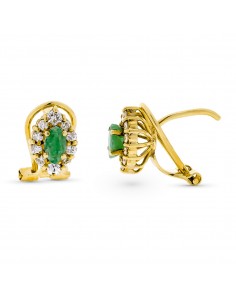 18K PENDIENTES ORO AMARILLO ORLA DIAMANTES TALLA BRILLANTE Y ESMERALDA 9X8 M CIERRE OMEGA