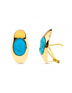 18K PENDIENTES ORO AMARILLO CAMAFEO TURQUESA CIERRE OMEGA