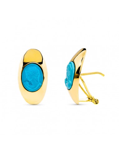18K PENDIENTES ORO AMARILLO CAMAFEO TURQUESA CIERRE OMEGA