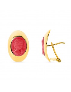 18K PENDIENTES ORO AMARILLO CAMAFEO CORALINA 20X13 MM CIERRE OMEGA