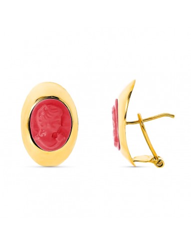 18K PENDIENTES ORO AMARILLO CAMAFEO CORALINA 20X13 MM CIERRE OMEGA