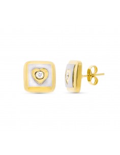 18K PENDIENTES ORO BICOLOR MATE Y BRILLO CUADRADOS BICOLOR 11X11 MM CIERRE A PRESIÓN