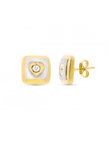 18K PENDIENTES ORO BICOLOR MATE Y BRILLO CUADRADOS BICOLOR 11X11 MM CIERRE A PRESIÓN