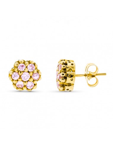18K PENDIENTES ORO AMARILLO CIRCONITA ROSAS 9 MM PRESION