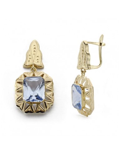 18K PENDIENTES CUBANAS 2 CUERPOS ORO AMARILLO PIEDRA RECTANGULAR CIERRE CATALAN
