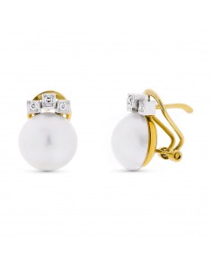 18K PENDIENTES ORO BICOLOR PERLA JAPONESA CON CIRCONITA 10-12 MM CIERRE OMEGA