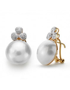 18K PENDIENTES ORO AMARILLO PERLA JAPONESA 14 MM CIERRE OMEGA