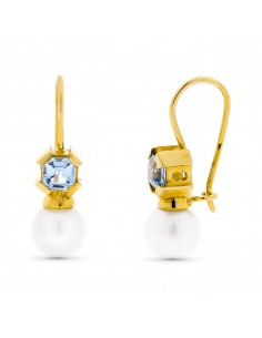 18K PENDIENTES ORO AMARILLO PERLA CULTIVADA 7 MM AGUAMARINA CIERRE GANCHO
