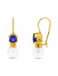 18K PENDIENTES ORO AMARILLO PERLA CULTIVADA 7 MM AMATISTA CIERRE GANCHO