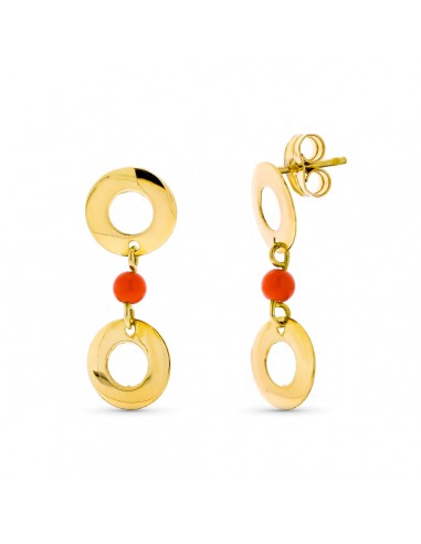 18K PENDIENTES ORO AMARILLO LARGOS DOS CIRCULOS Y CORAL CIERRE PRESIÓN